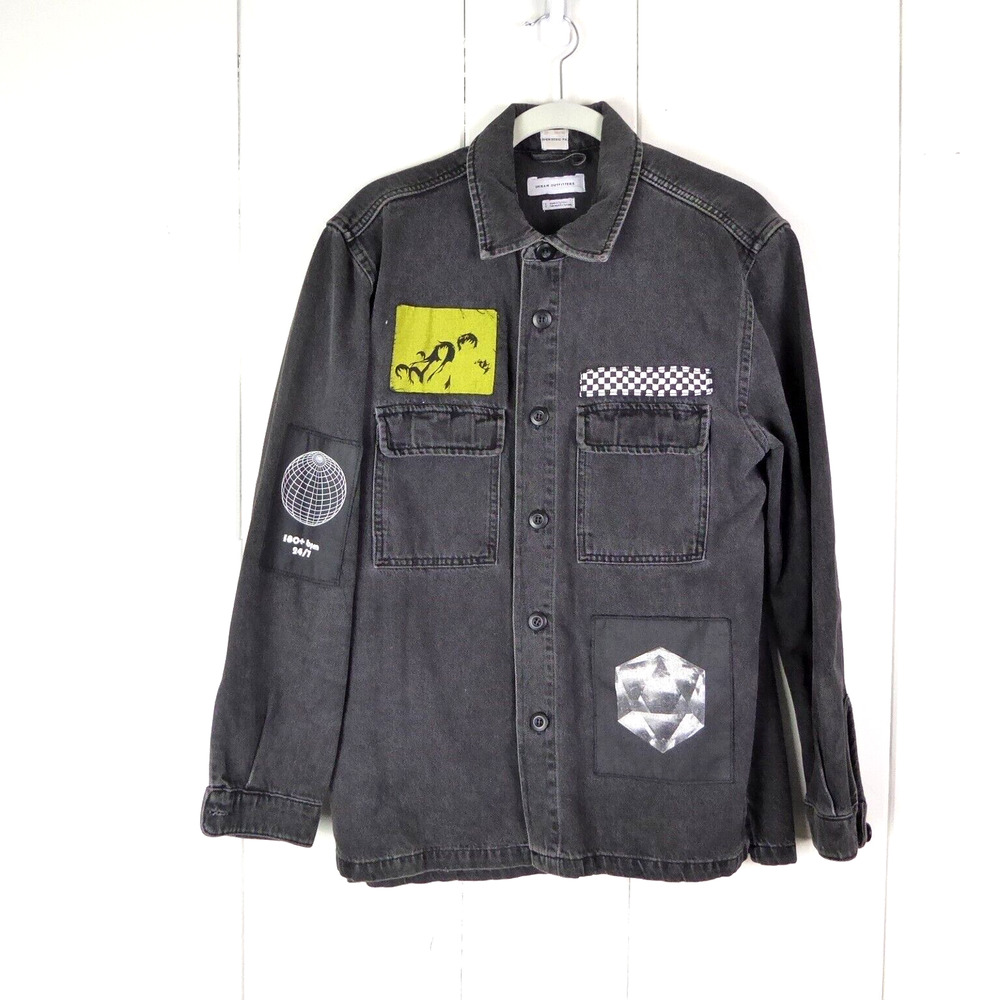 Urban Outfitters Shirt Mens SZ S Denim Heavyweight Graphic Patches Grunge Punk